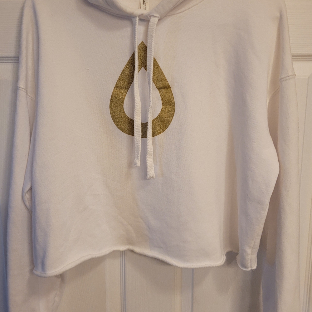 Warm Bella + Canvas White Cropped Hoodie with Gold Tear Drop Design Sz XL